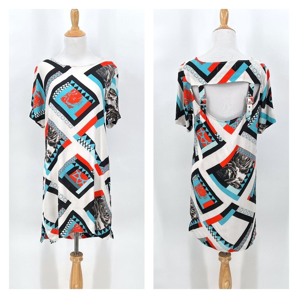SOMETHING ELSE BY NATALIE WOOD Print Dress 4 Geometric Open Back Buckle Shift
